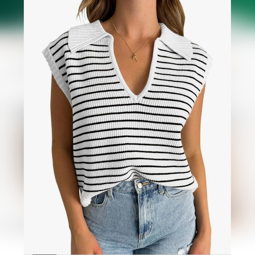 V-Neck Striped Knit Sweater Vest Womens Size Small